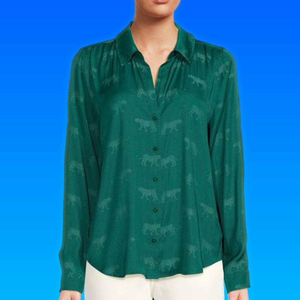 L'AGENCE Holly Green Satin Button Down Blouse